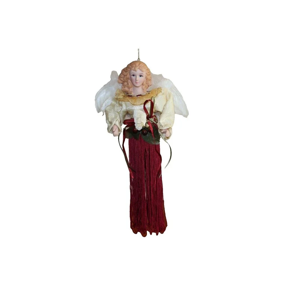 Porcelain Head Hand Dangling Tassel Angel Christmas Ornament Feather Wings 10.5
